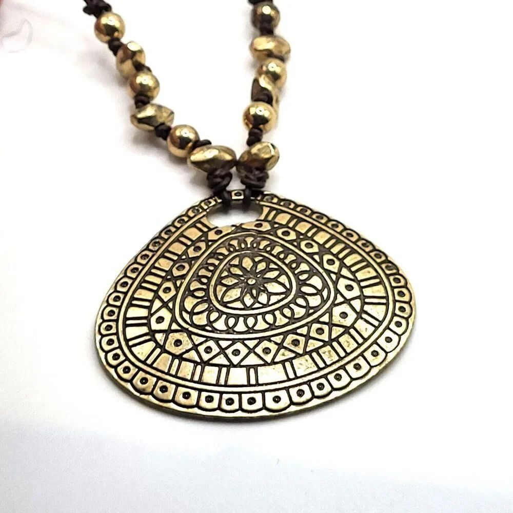 Bohemian Large Brass Pendant Necklace 21in 1.75in pendant